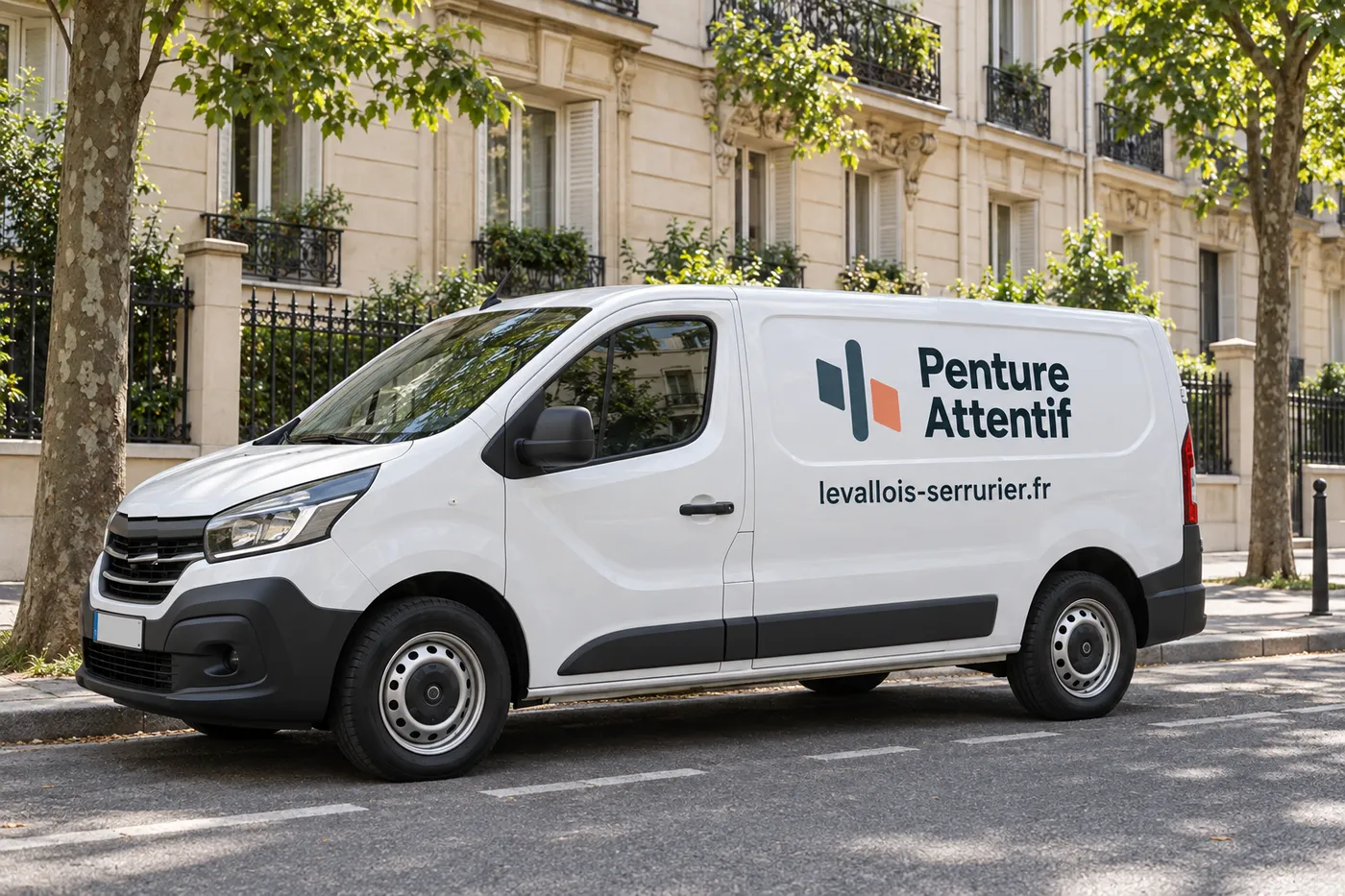 Utilitaire Penture Attentif garé dans une rue d'immeubles haussmanniens à Levallois-Perret